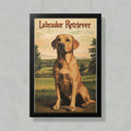 Labrador Retriever seated in a field with trees and sky behind.