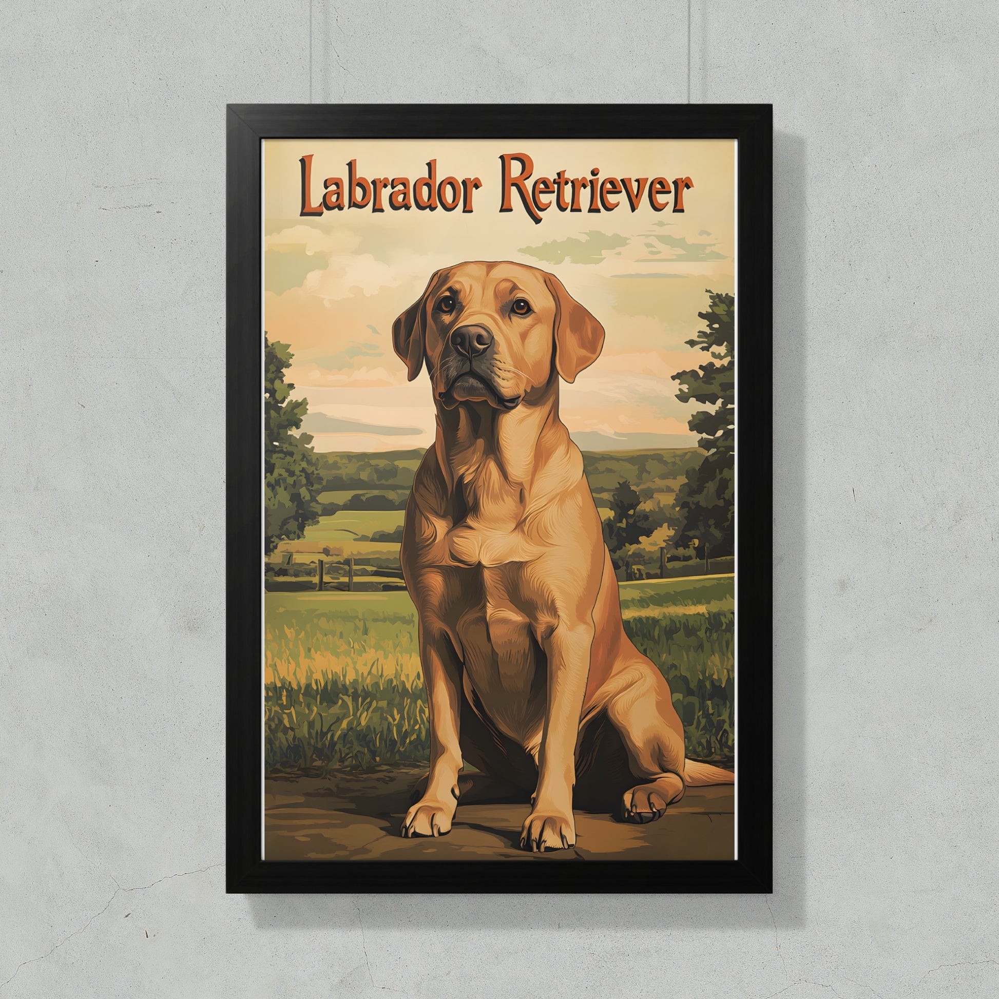 Labrador Retriever seated in a field with trees and sky behind.
