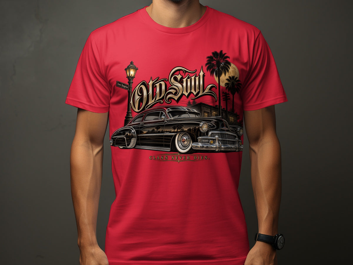 Red t-shirt with "Old Soul Class Never Dies" graphic featuring a vintage car.
