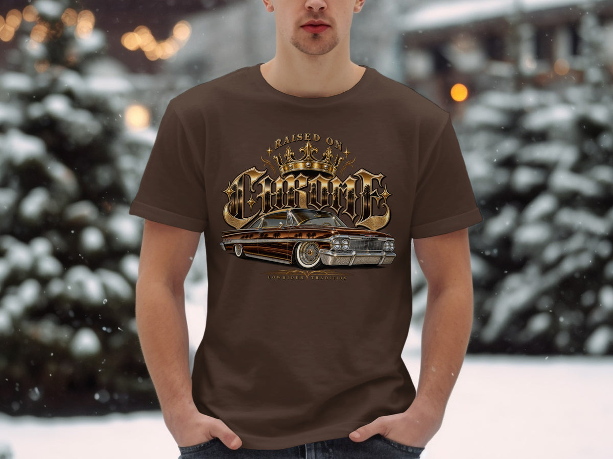 Brown t-shirt with "Raised on Chrome" and classic lowrider car graphic.