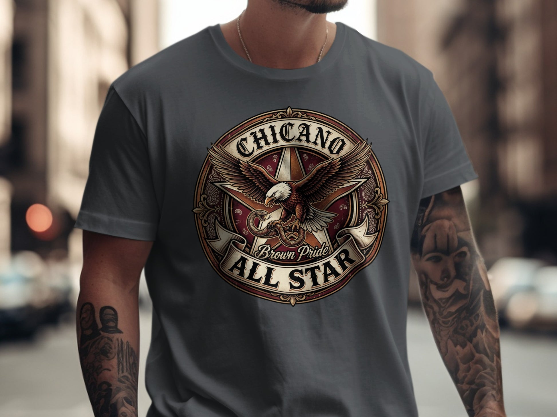 Chicano All Star brown pride eagle emblem on dark grey t-shirt.