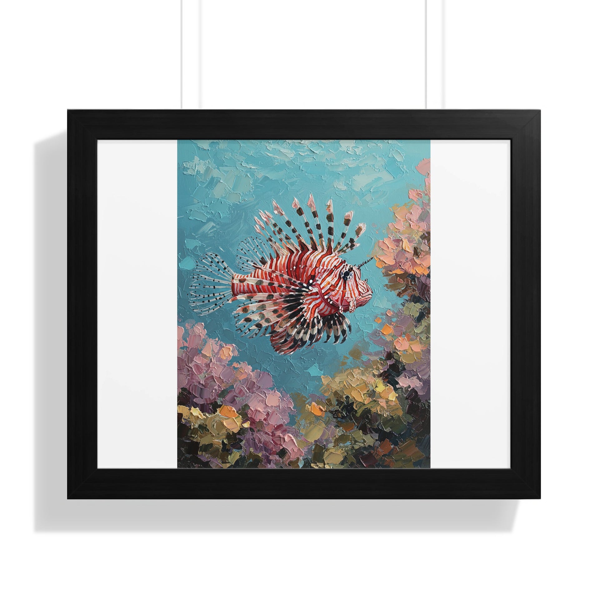 Oil painting of a vibrant red lionfish swimming among colorful coral.