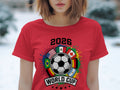 Red t-shirt with 2026 World Cup graphic featuring a soccer ball and flags.