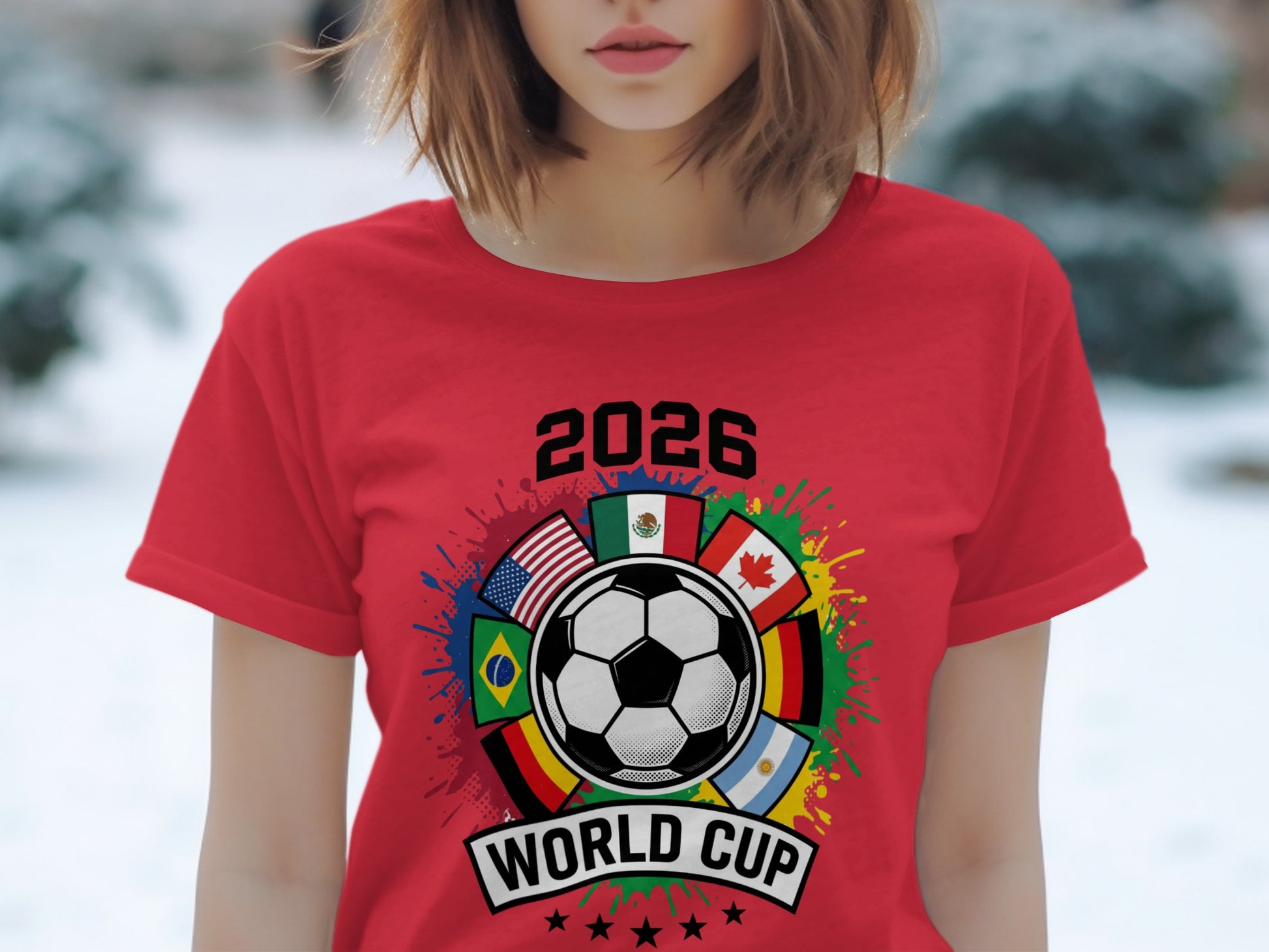 Red t-shirt with 2026 World Cup graphic featuring a soccer ball and flags.