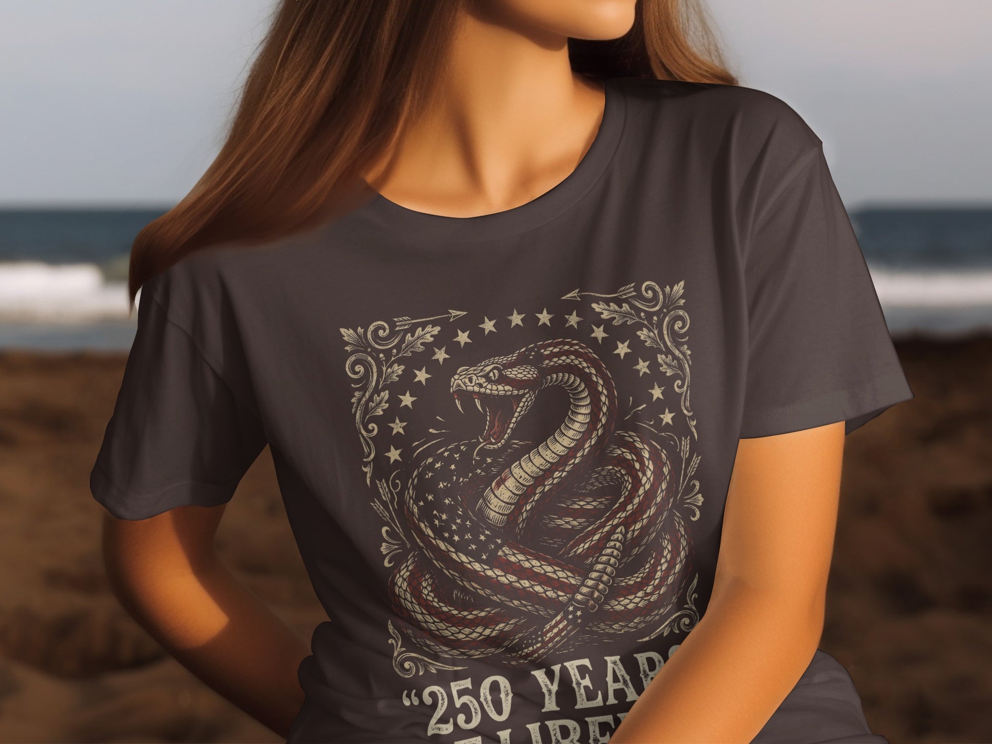 Dark t-shirt with coiled snake and American flag design.