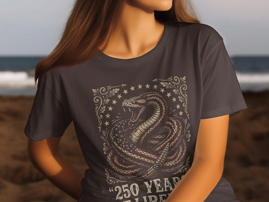 Dark t-shirt with coiled snake and American flag design.
