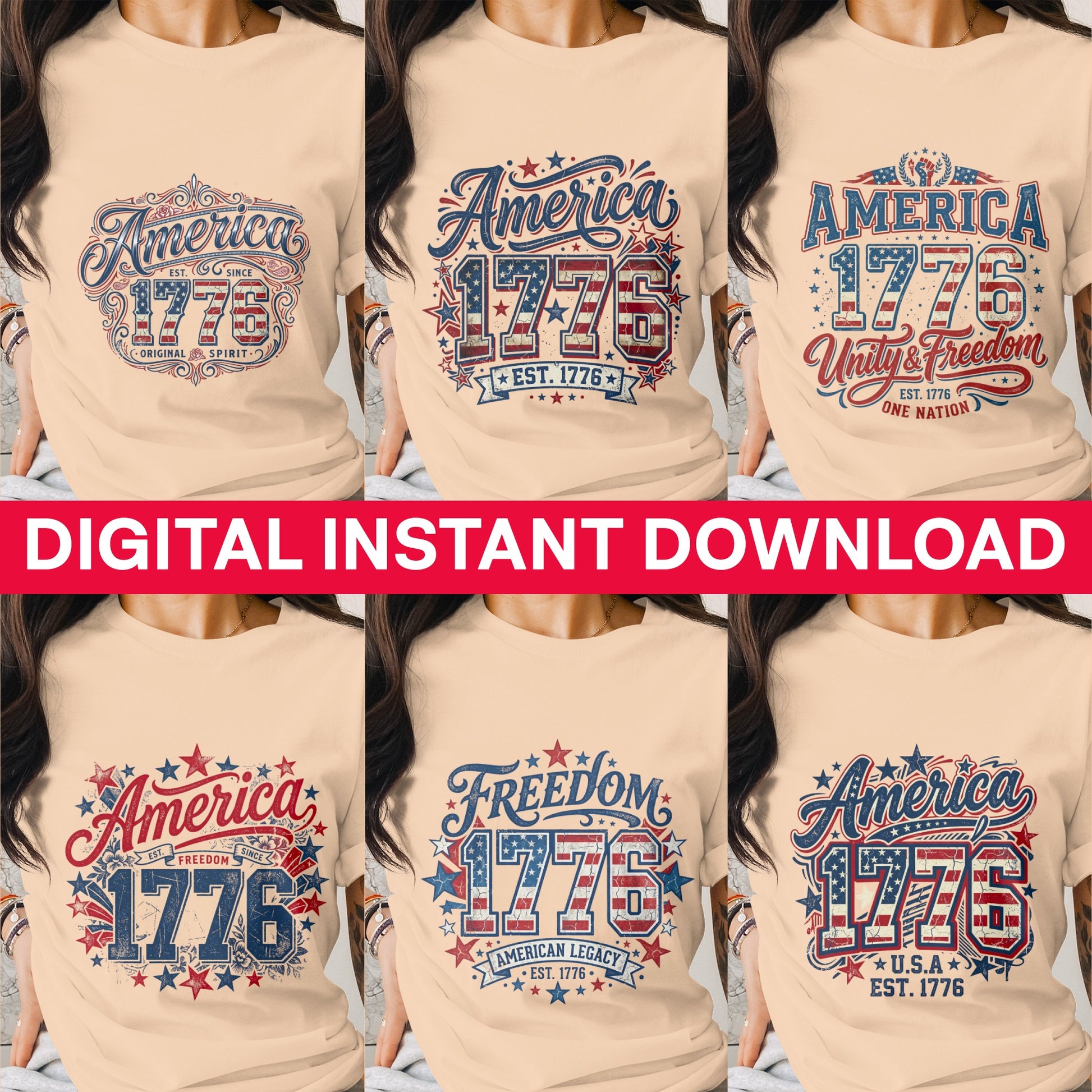 Six t-shirt designs with "America" and "1776" graphics, some with "Freedom".