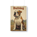 English Bulldog sitting outdoors, text 