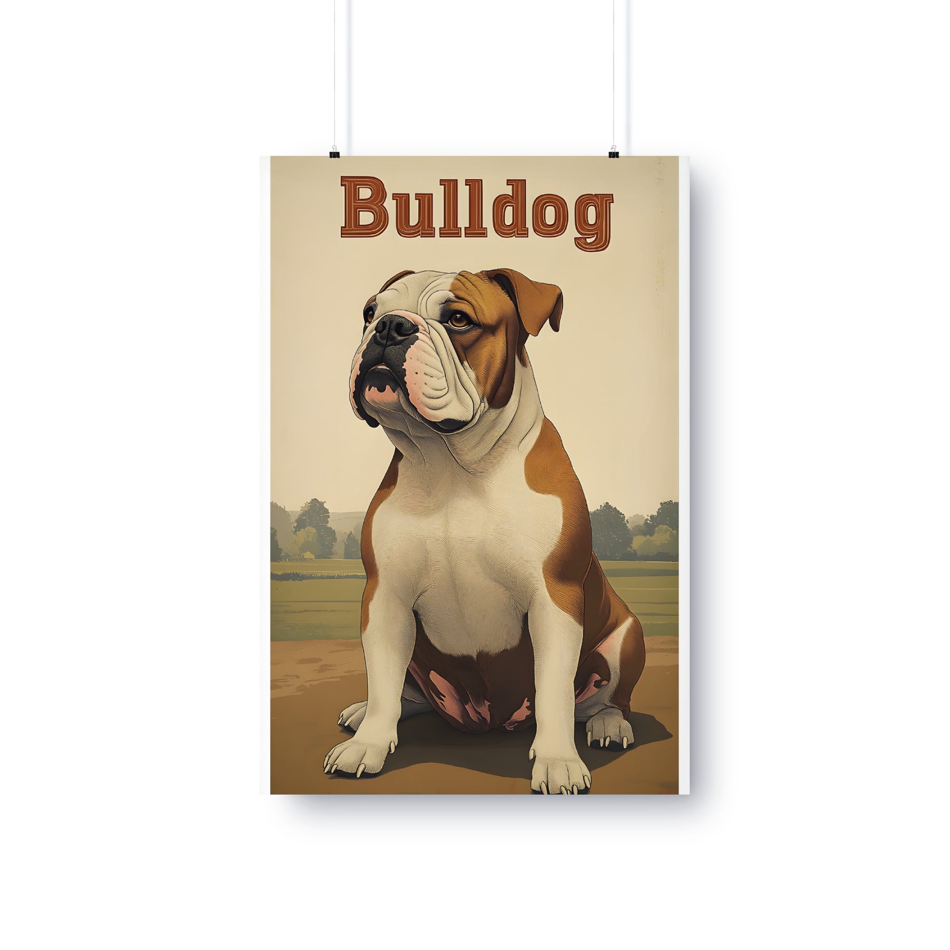 English Bulldog sitting outdoors, text "Bulldog" at top.
