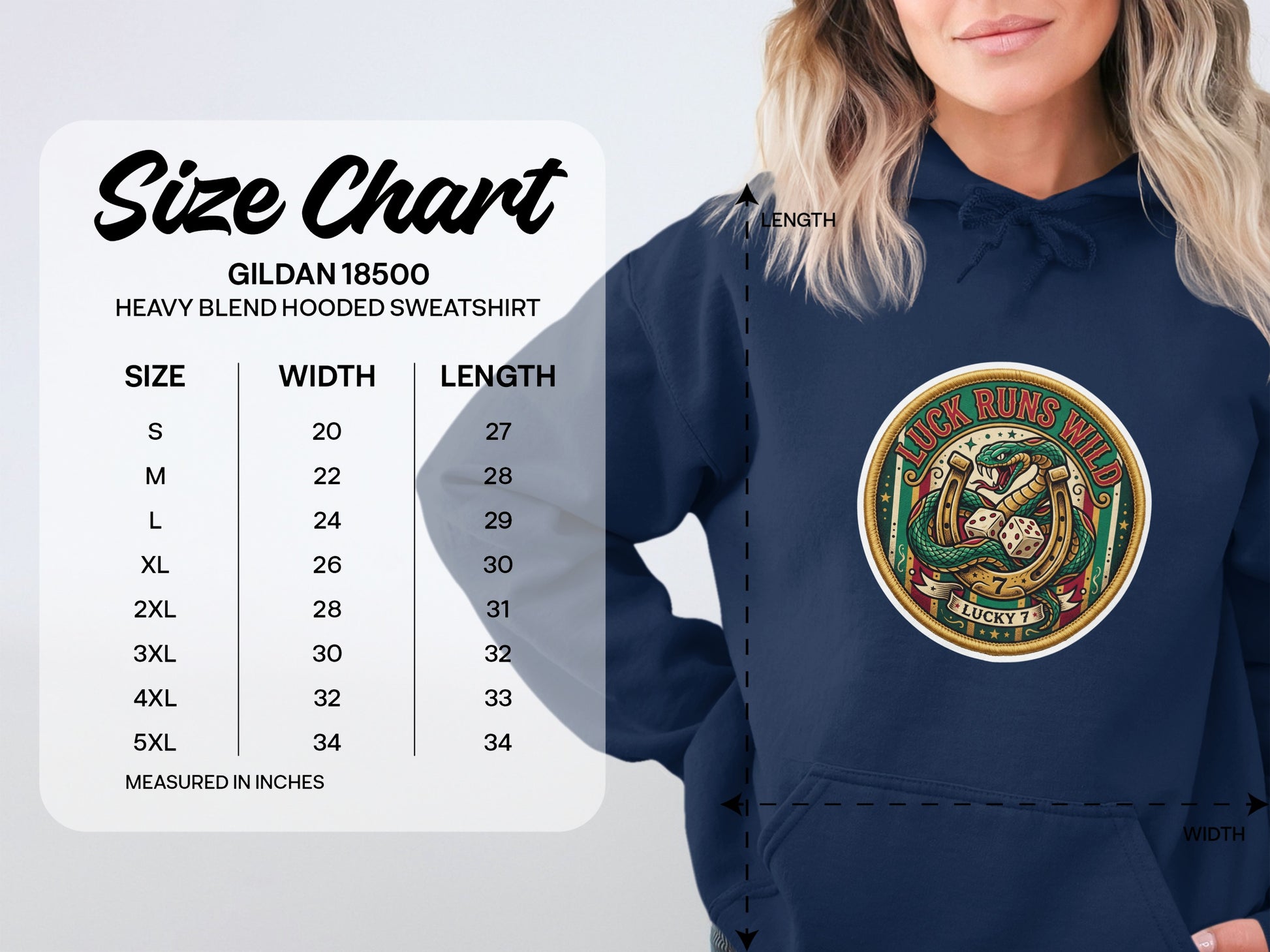Gildan 18500 hooded sweatshirt size chart showing measurements.