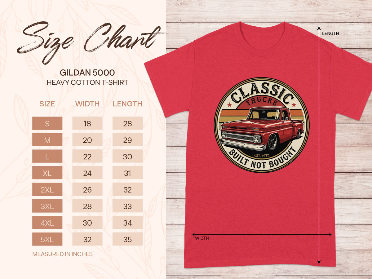 Gildan 5000 size chart with red t-shirt featuring classic truck graphic.