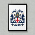 England crest with lion and crown, 2026, and soccer balls.