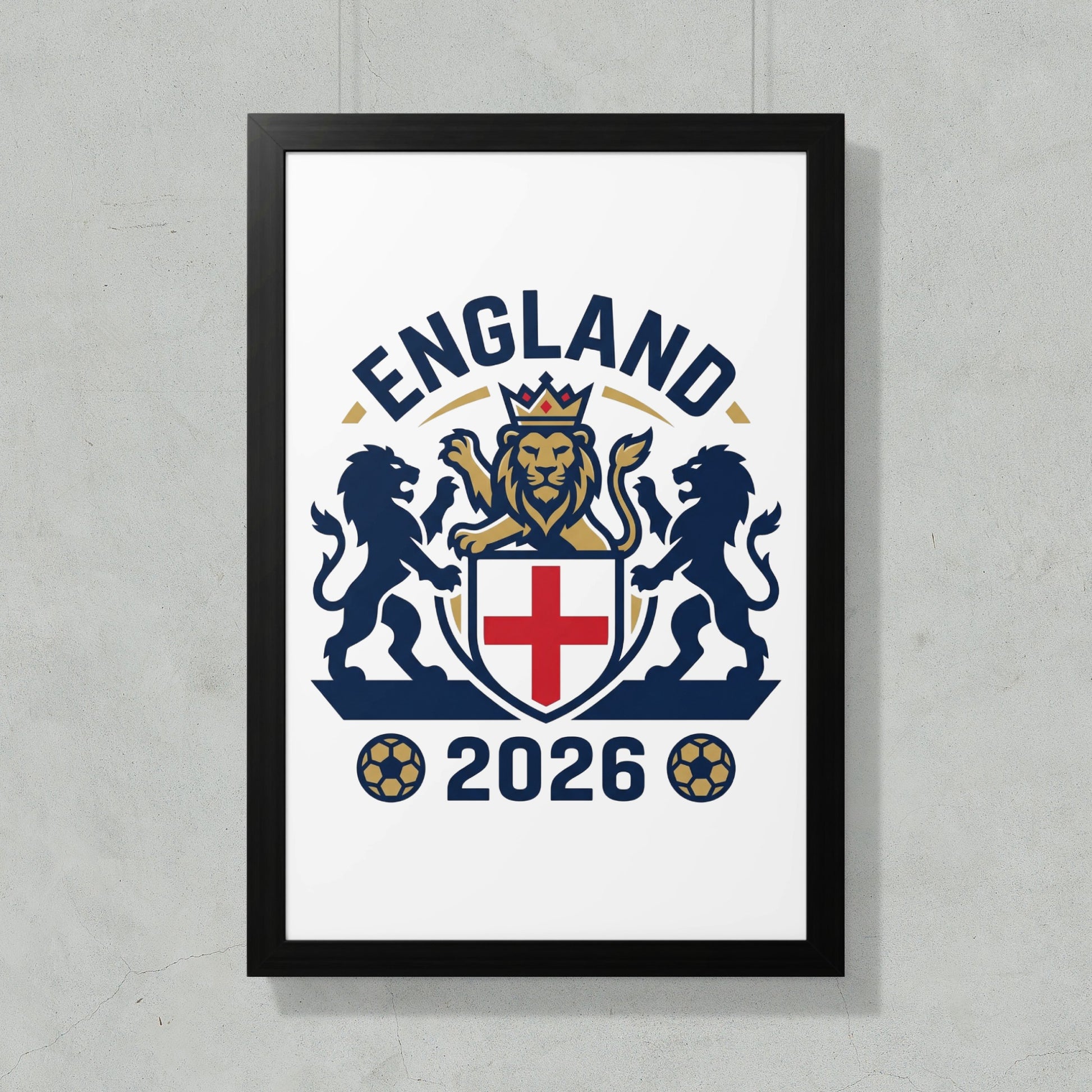 England crest with lion and crown, 2026, and soccer balls.