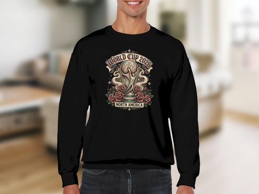 Crewneck sweatshirt featuring World Cup 2026 North America trophy design with roses.