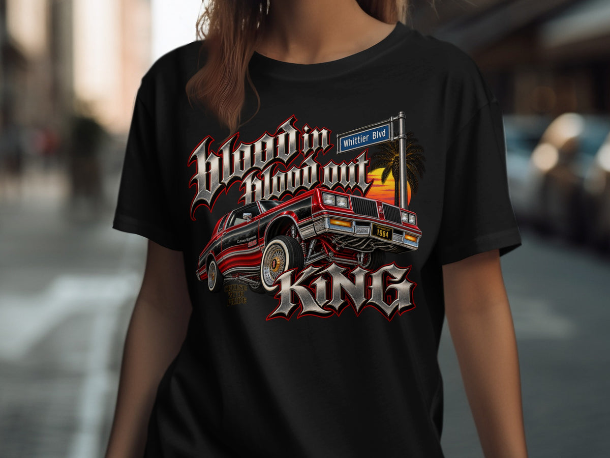 Black t-shirt with lowrider car, "Blood in Blood out", and "King" graphic.