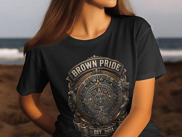 Black t-shirt with "BROWN PRIDE" and Mayan calendar design.