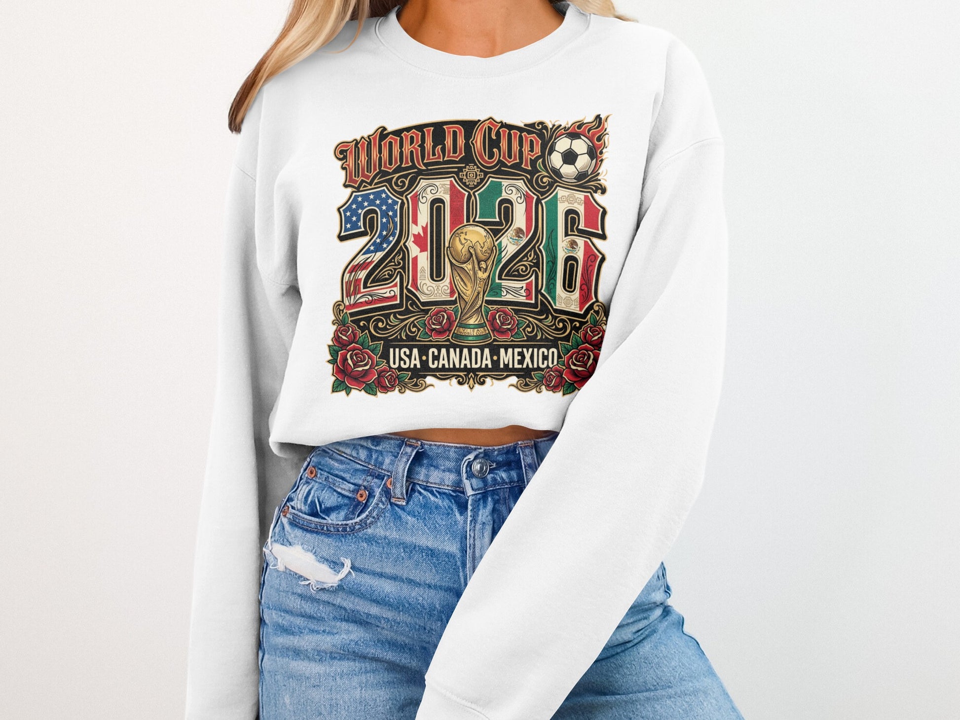 World Cup 2026 USA-Canada-Mexico graphic sweatshirt with roses and soccer ball.