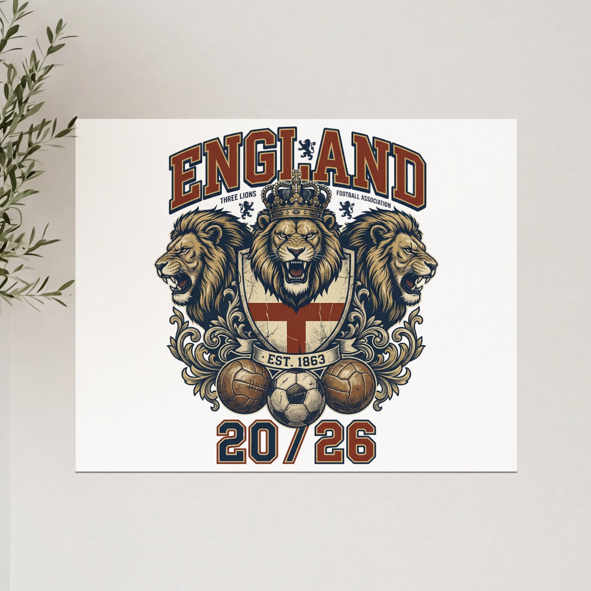 England Football Association crest with lions, shields, and soccer balls.