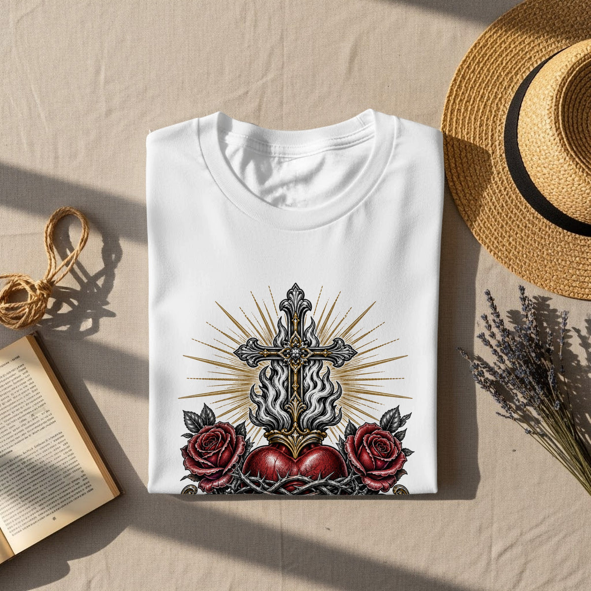 White t-shirt with sacred heart, cross, roses, and thorns design.