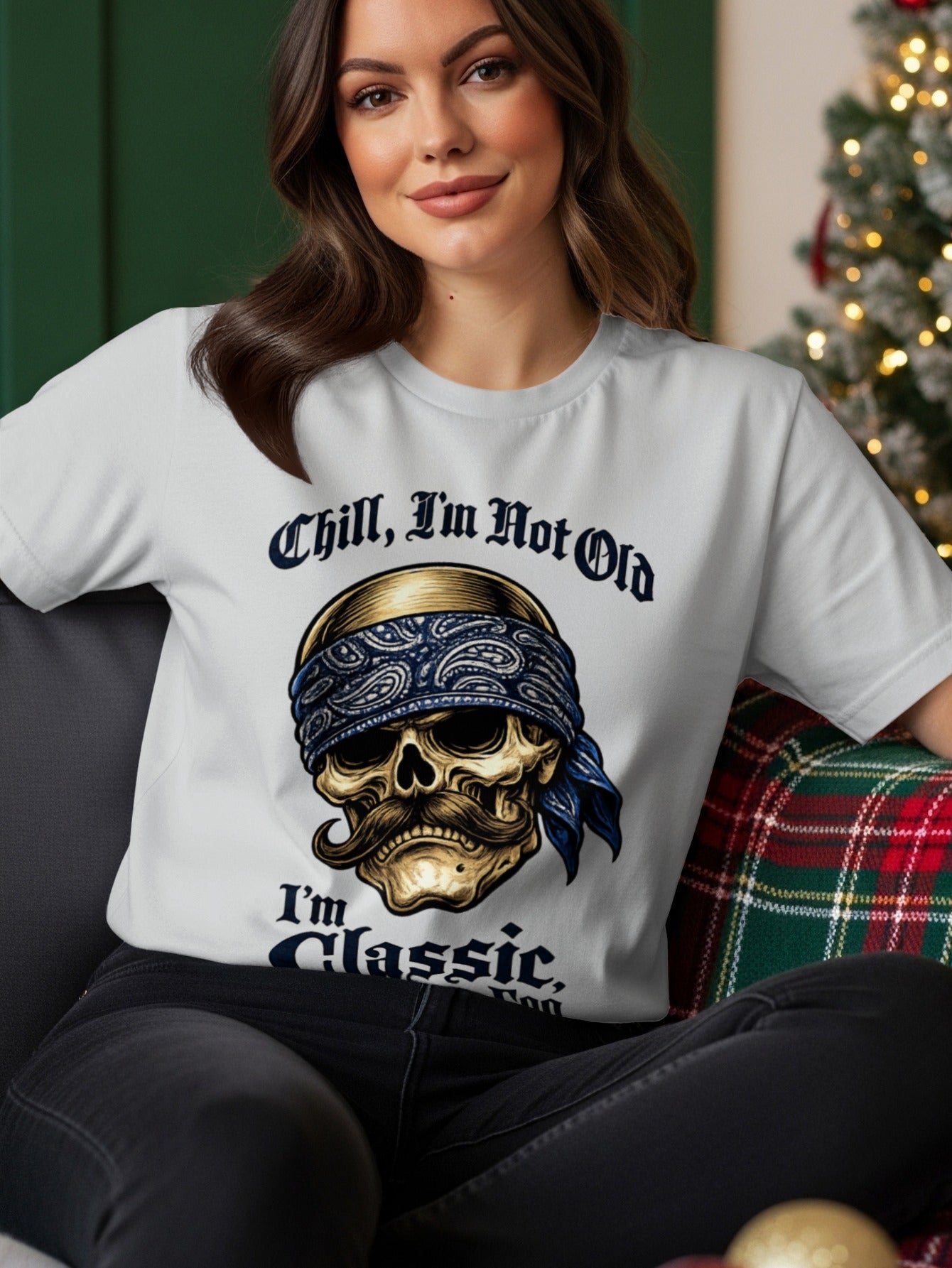 White t-shirt with skull wearing bandana and text "Chill, I'm Not Old I'm Classic".