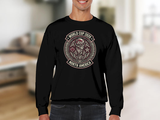 Black crewneck sweatshirt featuring the 2026 World Cup North America logo.