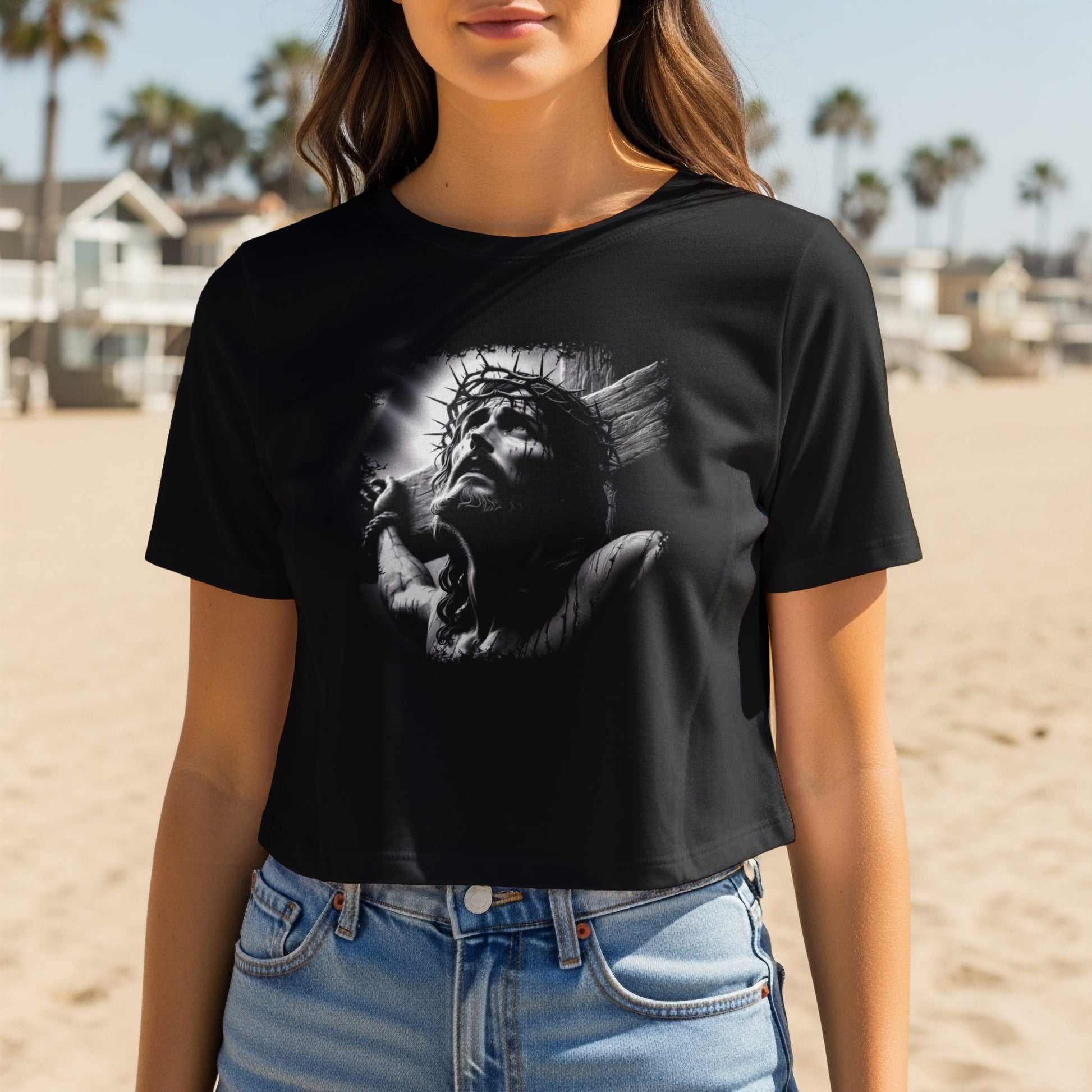 Black t-shirt with Jesus Christ's face and crown of thorns.