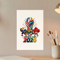 World Cup 2026 logo with mascots representing USA, Mexico, and Canada.