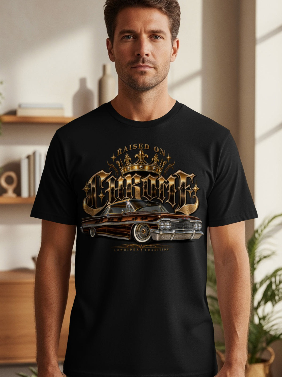 Black t-shirt with gold graphic of a crowned lowrider car and text "Raised On".