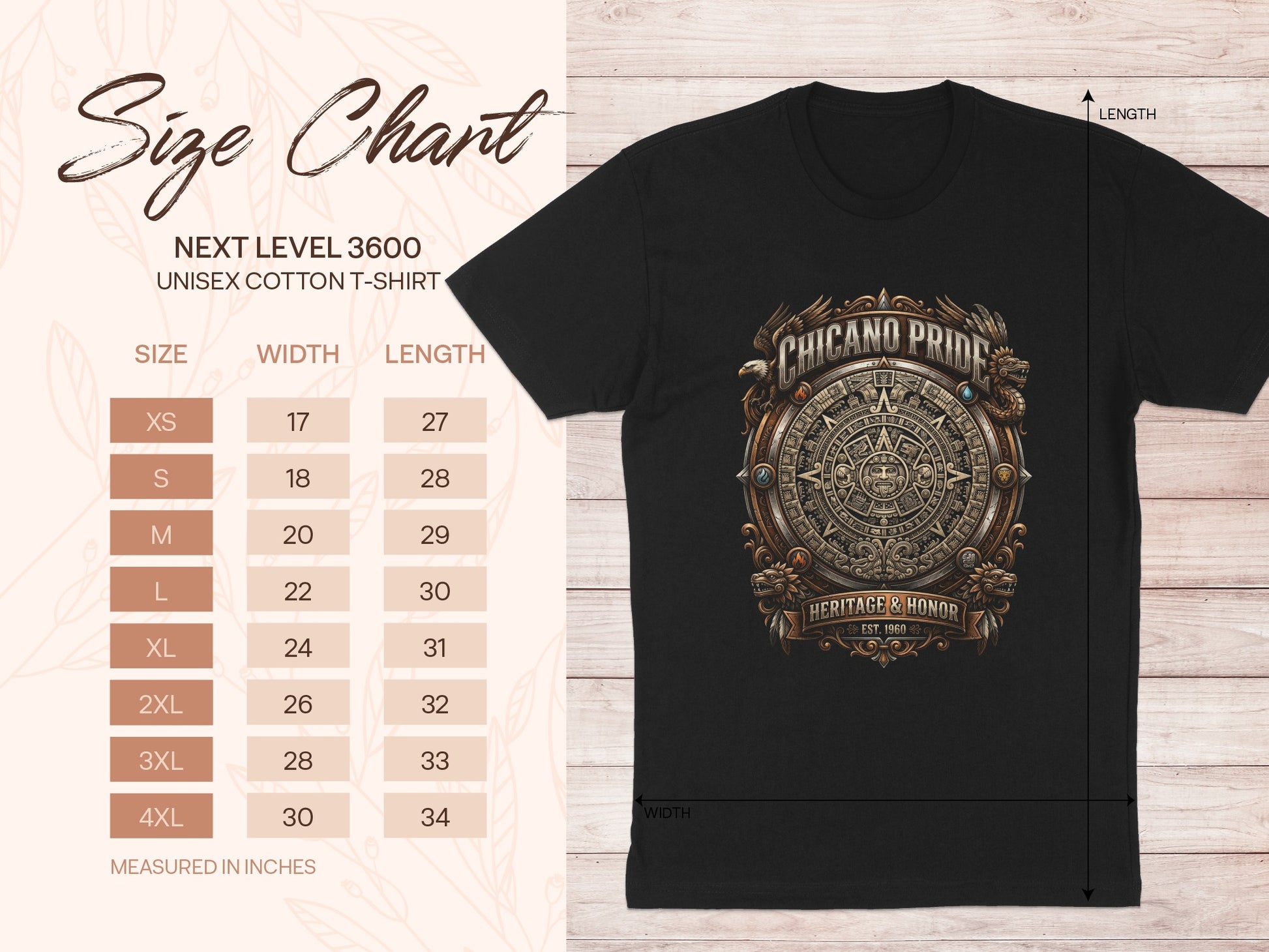 Size chart for a Next Level 3600 unisex cotton t-shirt with "Chicano Pride" graphic.