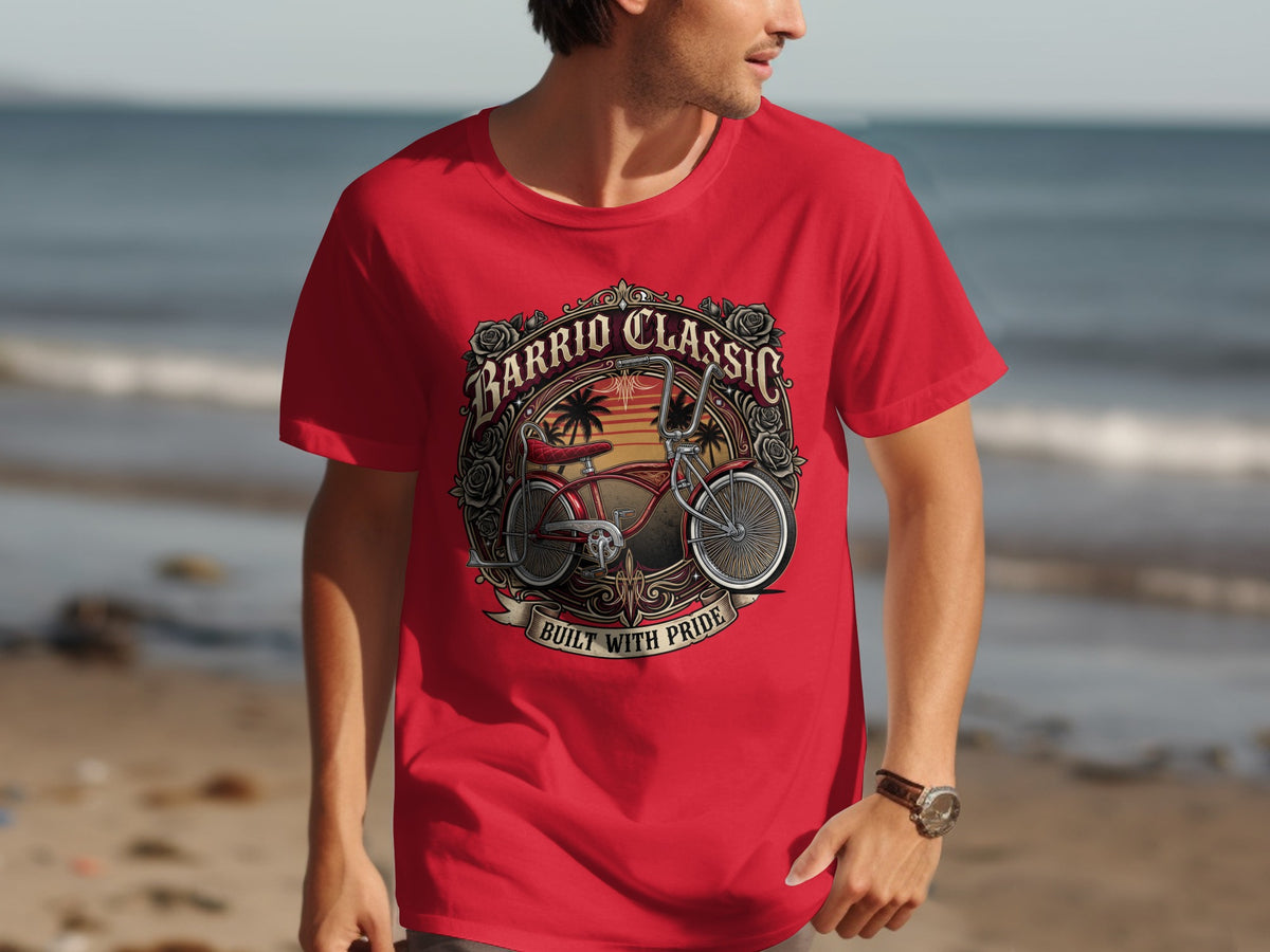 Red t-shirt with a "Barrio Classic Built with Pride" graphic featuring a vintage bicycle.