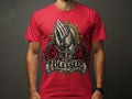 Red t-shirt with praying hands, rosary, roses, and 
