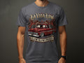 Red lowrider truck with flames and roses, 
