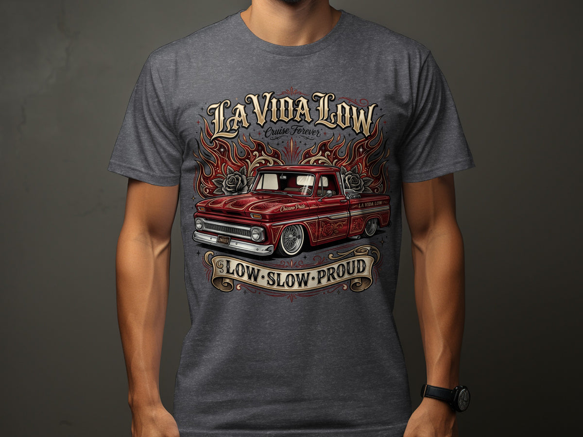 Red lowrider truck with flames and roses, "LA VIDA LOW" and "LOW SLOW PROUD".