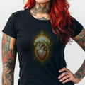 Black t-shirt with Sacred Heart of Jesus graphic and roses.