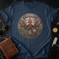 Navy t-shirt featuring a circular emblem with eagles and 