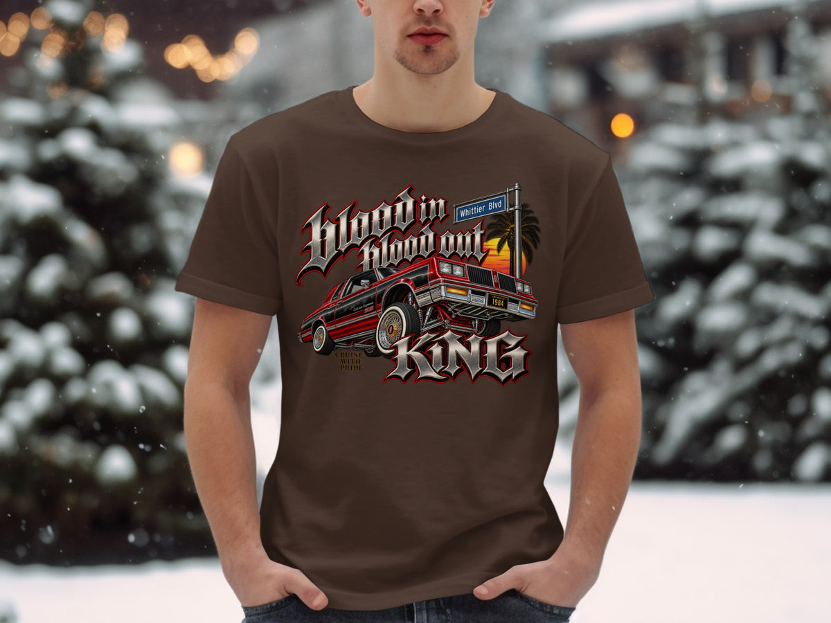 Brown t-shirt with graphic of red lowrider, text "Blood in Blood out King", and Whittier Blvd sign.