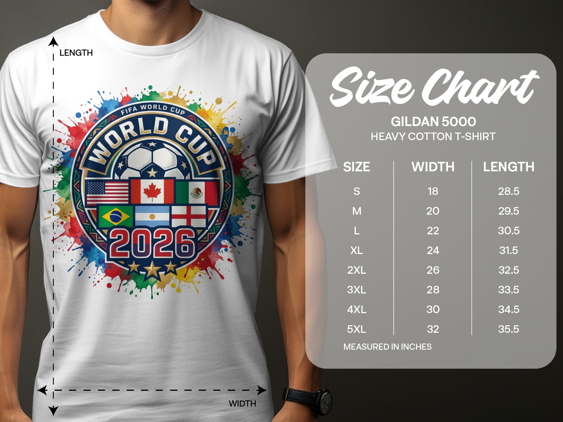 White t-shirt with "FIFA World Cup 2026" graphic and size chart.