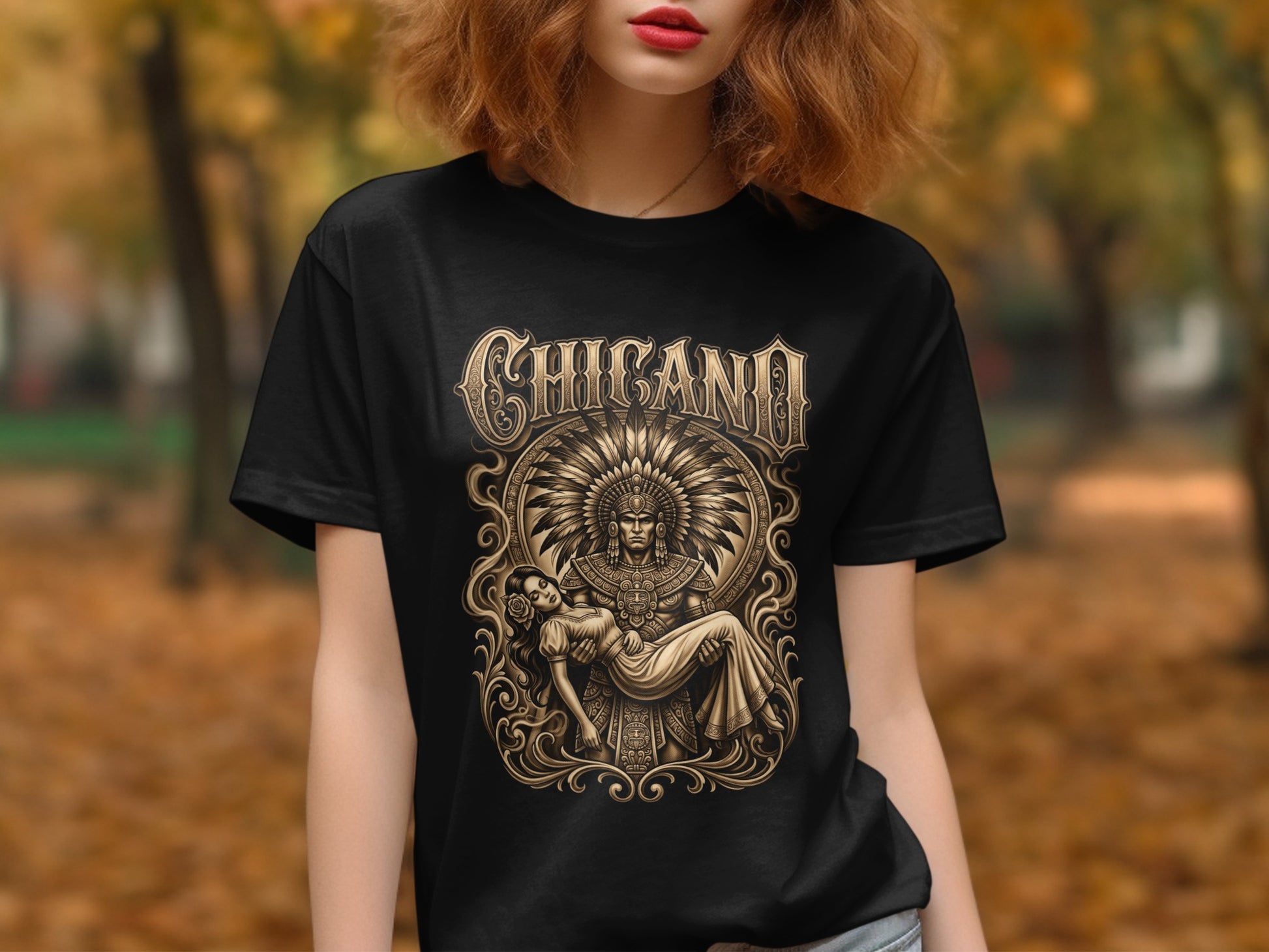 Black t-shirt with Chicano design of a warrior holding a woman.