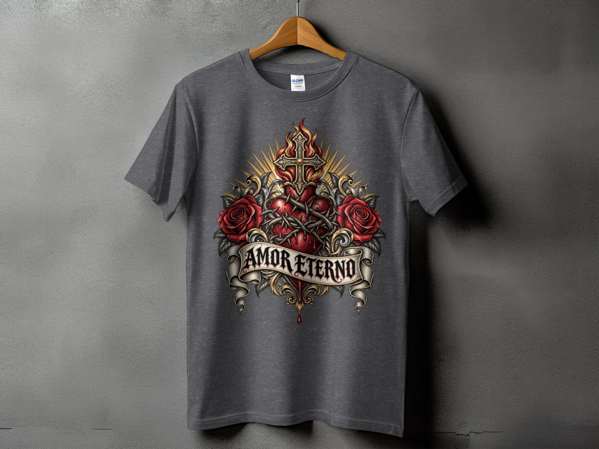 Grey t-shirt with a Sacred Heart design and "Amor Eterno" text.