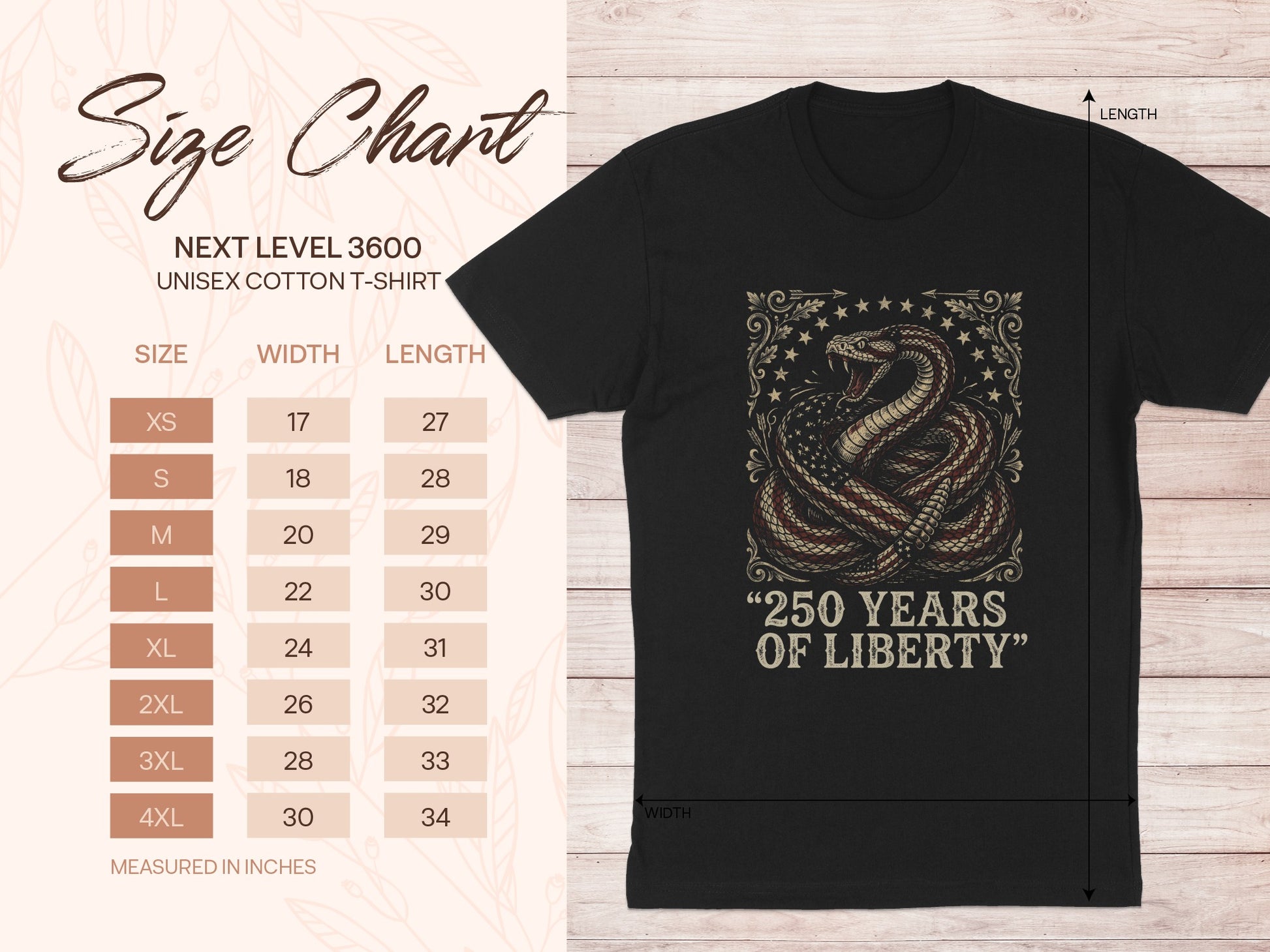 Next Level 3600 unisex t-shirt size chart with snake and flag graphic.