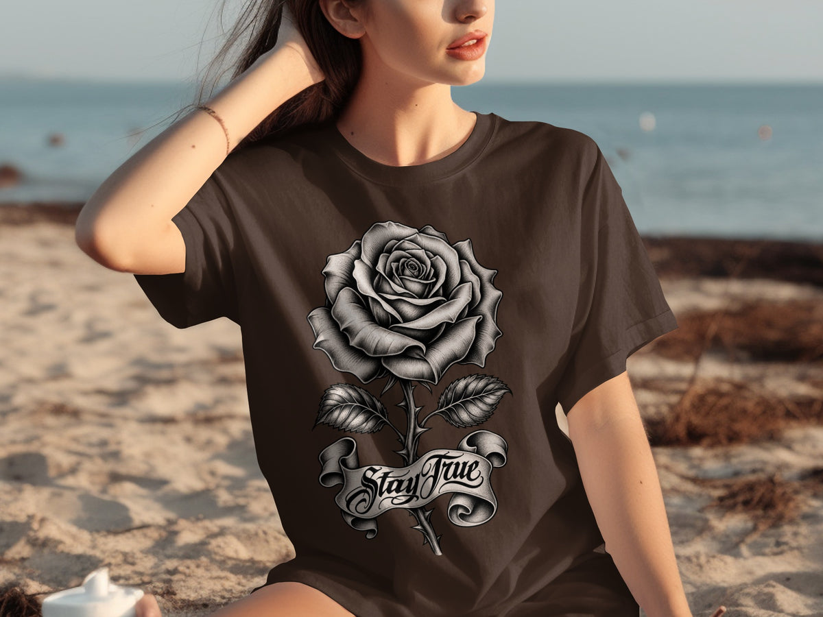 Brown t-shirt with a black and white rose graphic and "Stay True" banner.