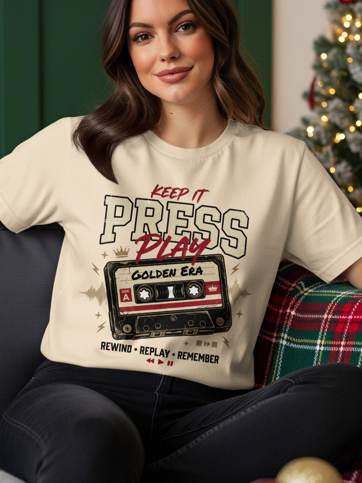 Cream t-shirt with "Keep It Press Play Golden Era" and cassette tape graphic.