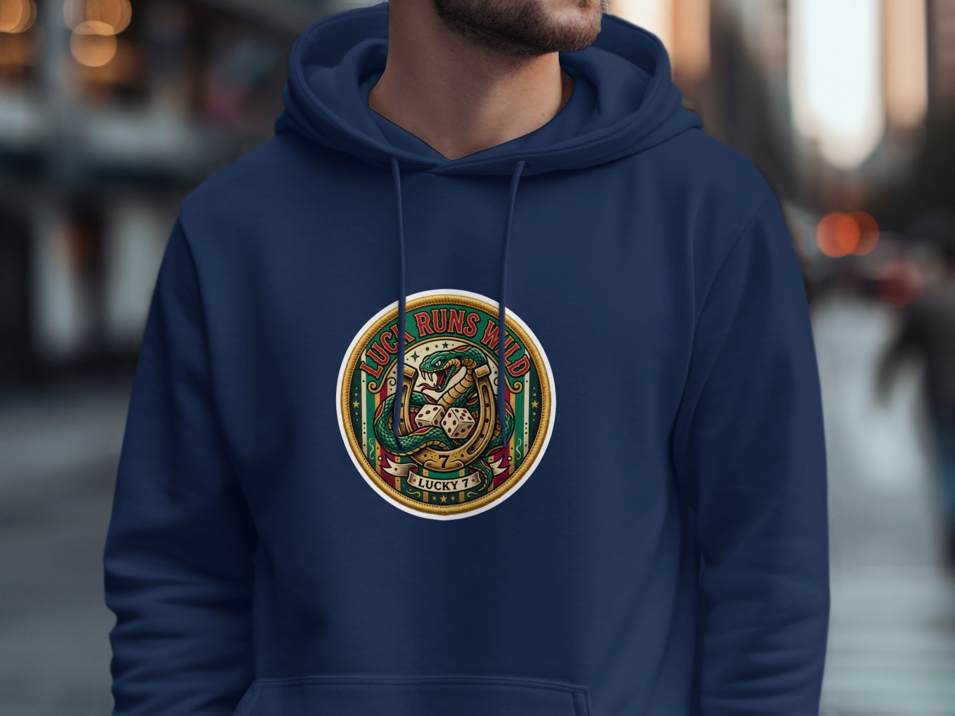 Navy hoodie with circular "Lucky Runs Wild" logo featuring a snake and dice.