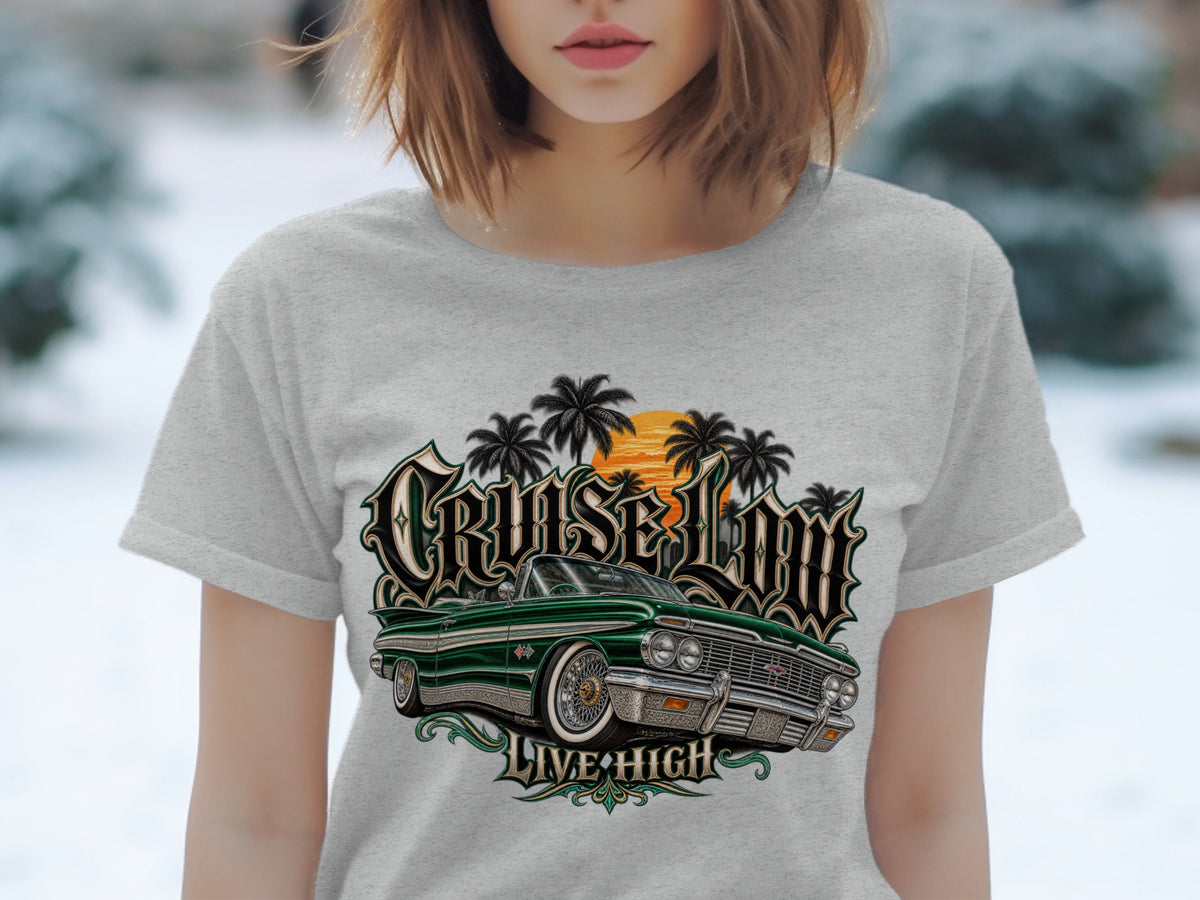 Green vintage convertible with "Cruise Low" and "Live High" text, palm trees, sunset.
