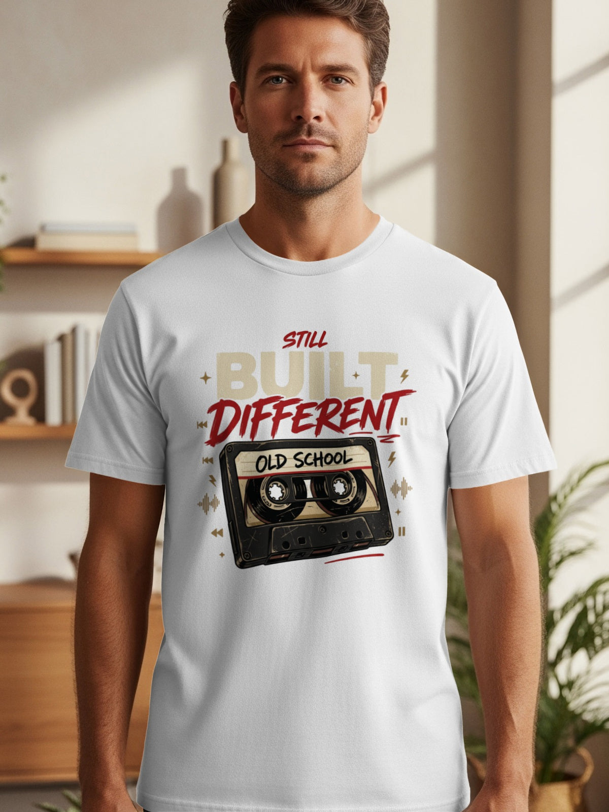 T-shirt with "Still Built Different Old School" text and cassette tape graphic.