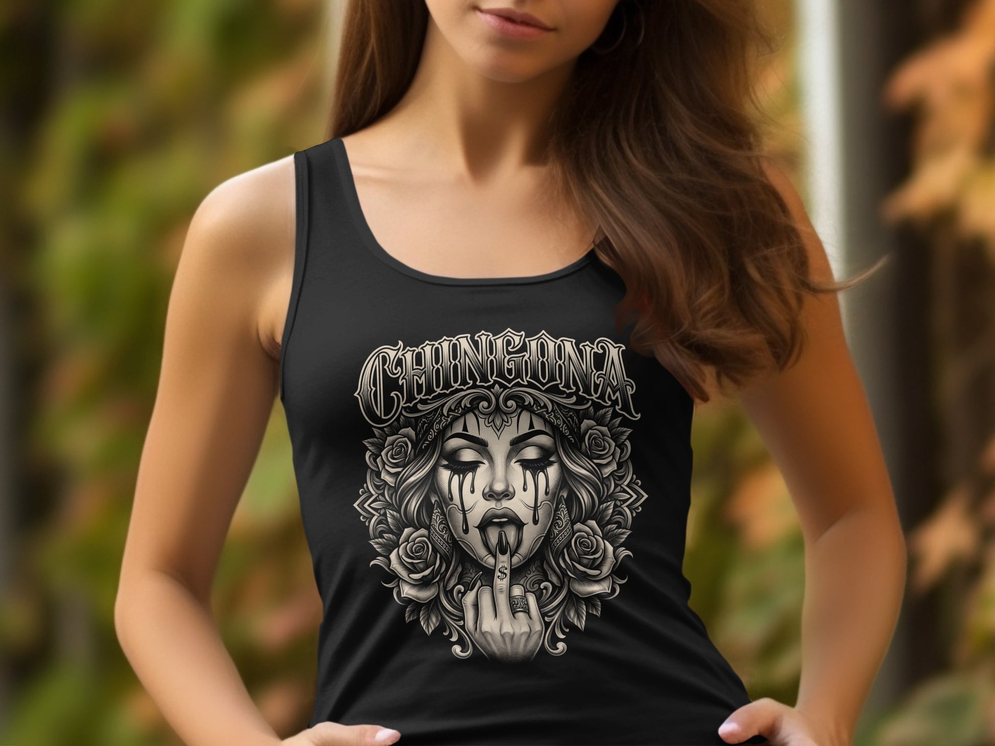 Black tank top with "chingona" text and a skull woman graphic.