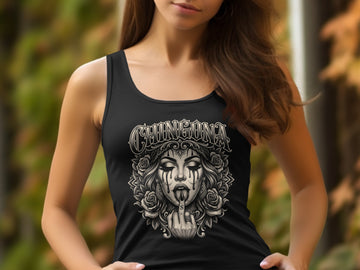 Black tank top with "chingona" text and a skull woman graphic.