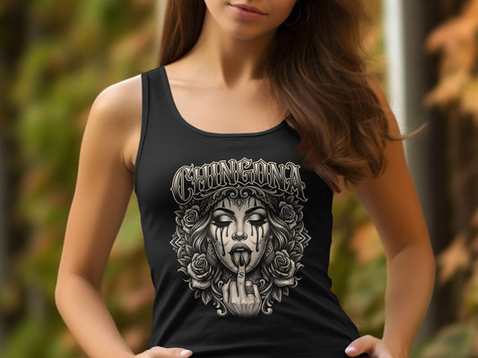 Black tank top with "chingona" text and a skull woman graphic.