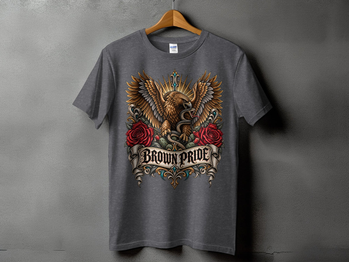Dark grey t-shirt with a graphic of an eagle fighting a snake, surrounded by roses and text.