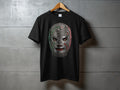 Black t-shirt featuring a metallic Mexican wrestling mask with 